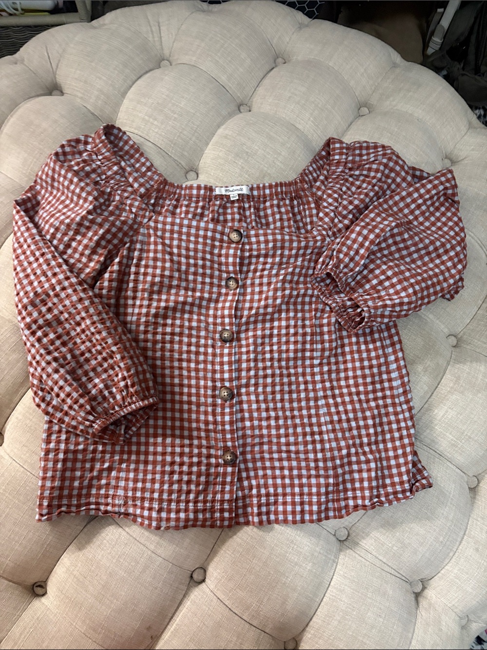 Madewell Rust and White Gingham Off-Shoulder Button Blouse